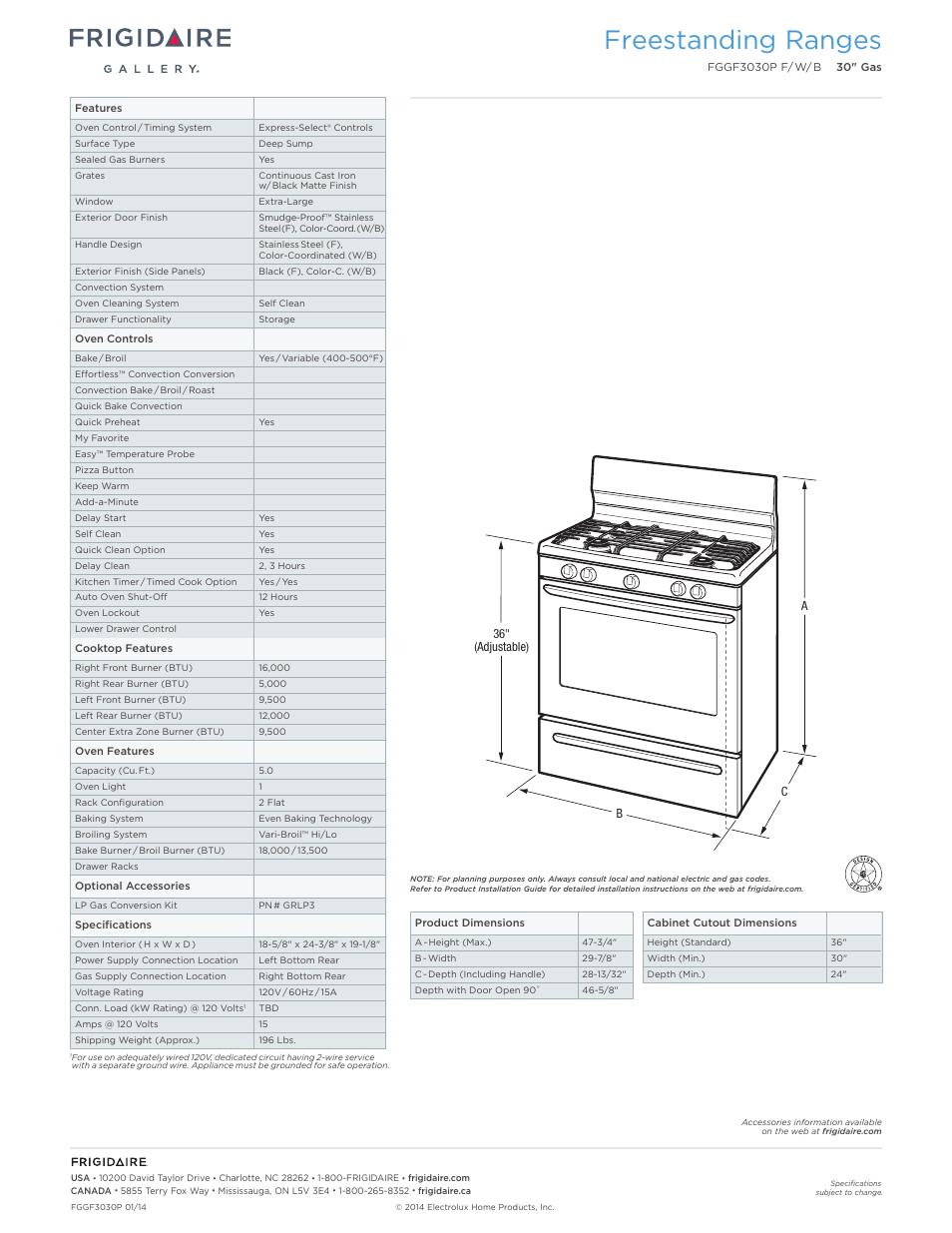 30" gas freestanding ranges frigidaire baseline, Freestanding ranges | FRIGIDAIRE FGGF3030PW User Manual | Page 2 / 7