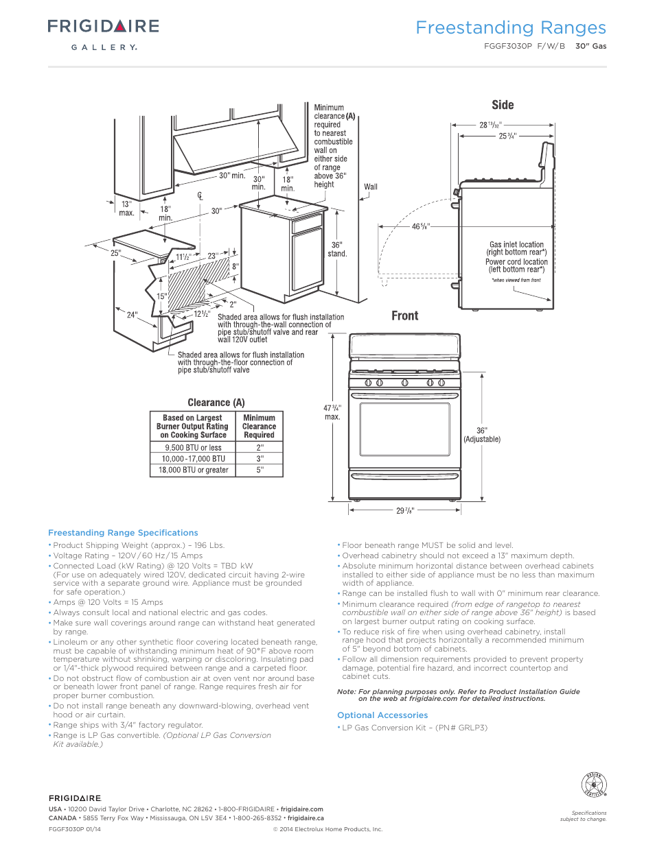 30" gas freestanding ranges gallery, Freestanding ranges | FRIGIDAIRE FGGF3030PW User Manual | Page 3 / 7