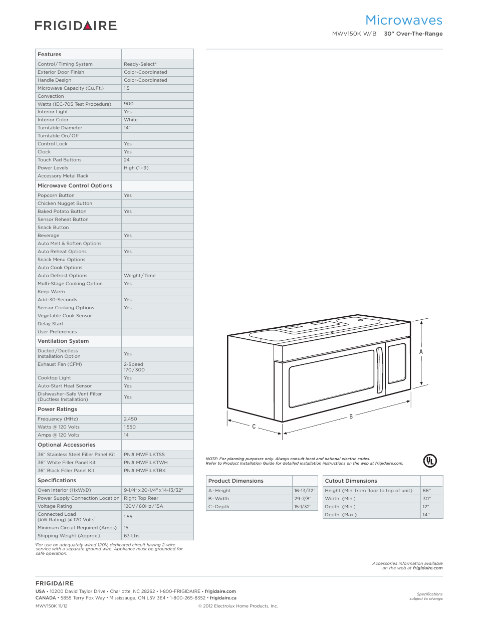 Over-the-range microwave oven frigidaire baseline, Microwaves | FRIGIDAIRE MWV150KW User Manual | Page 2 / 7
