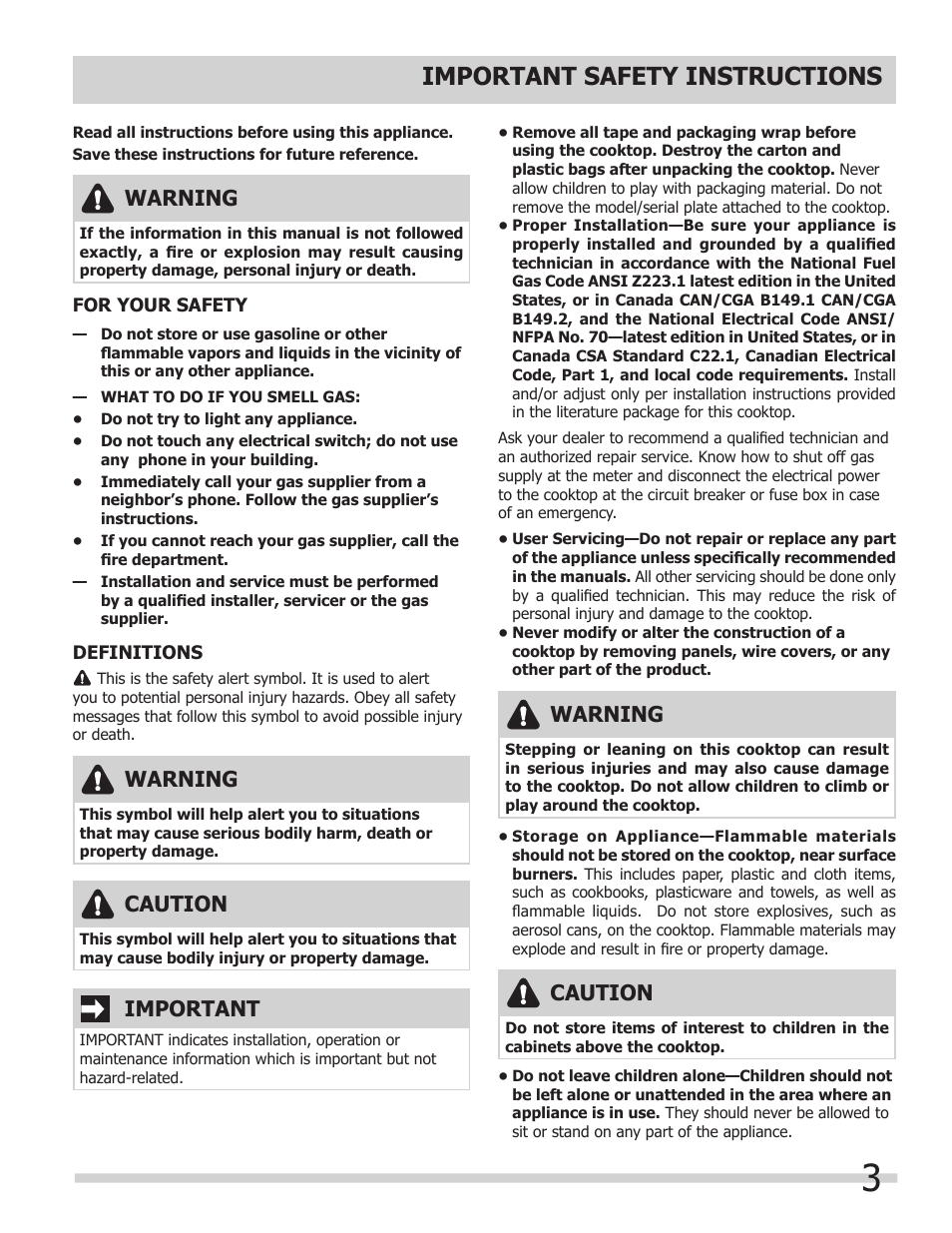 Important safety instructions, Warning, Important | Caution | FRIGIDAIRE FFGC3015LB User Manual | Page 3 / 12
