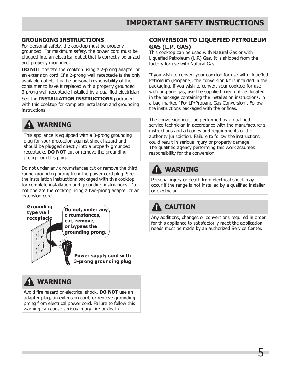 Important safety instructions, Warning, Caution | FRIGIDAIRE FFGC3015LB User Manual | Page 5 / 12