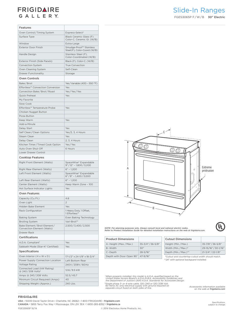 Slide-in electric ranges frigidaire baseline, Slide-in ranges | FRIGIDAIRE FGES3065PB User Manual | Page 2 / 7