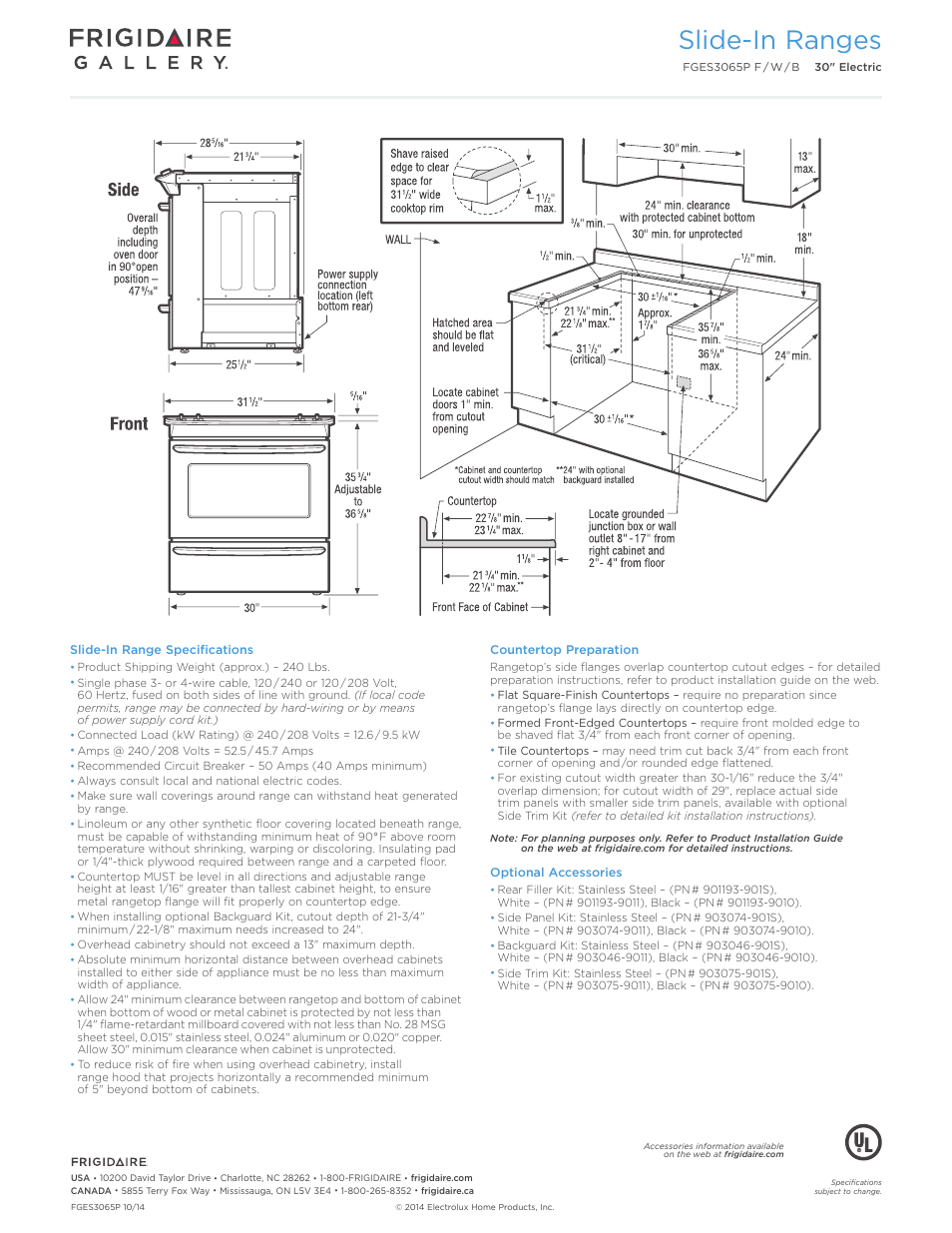 30" electric slide-in range gallery, Slide-in ranges | FRIGIDAIRE FGES3065PB User Manual | Page 3 / 7