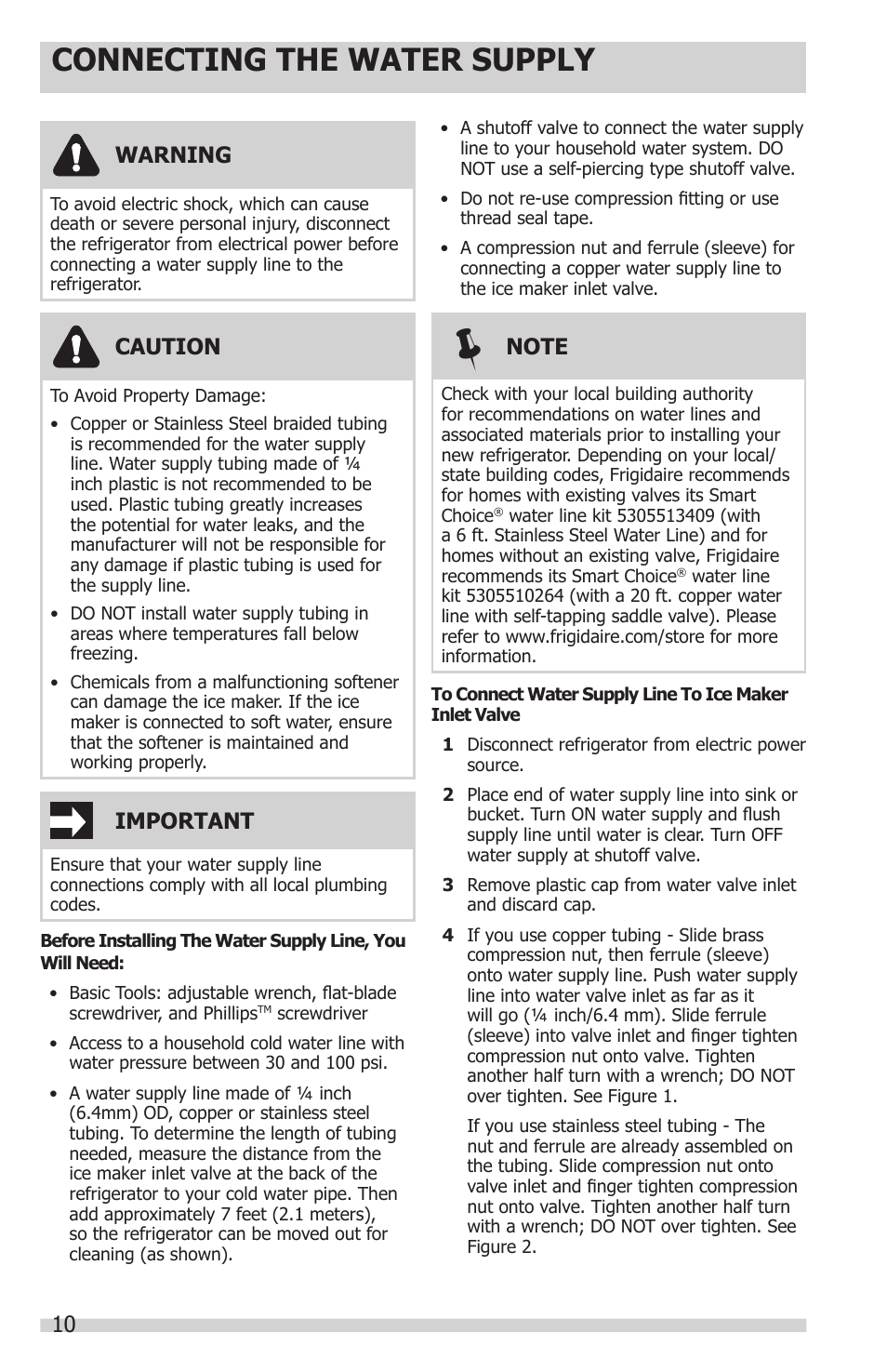 Connecting the water supply, 10 warning, Caution | Important | FRIGIDAIRE FFHS2622MS User Manual | Page 10 / 30
