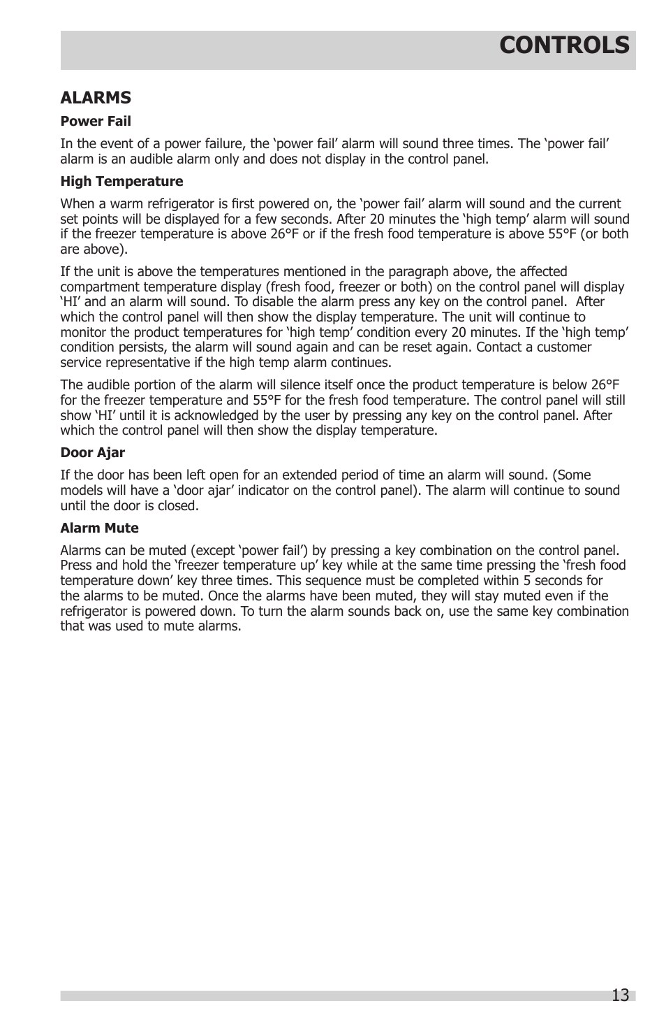 Controls, 13 alarms | FRIGIDAIRE FFHS2622MS User Manual | Page 13 / 30