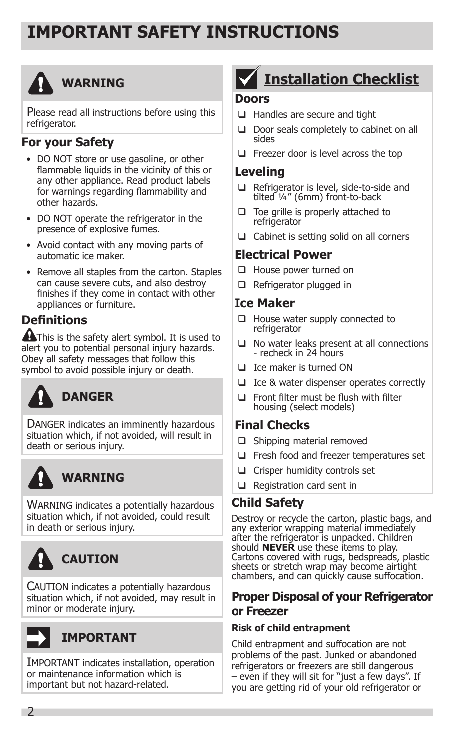 Important safety instructions, Installation checklist | FRIGIDAIRE FFHS2622MS User Manual | Page 2 / 30