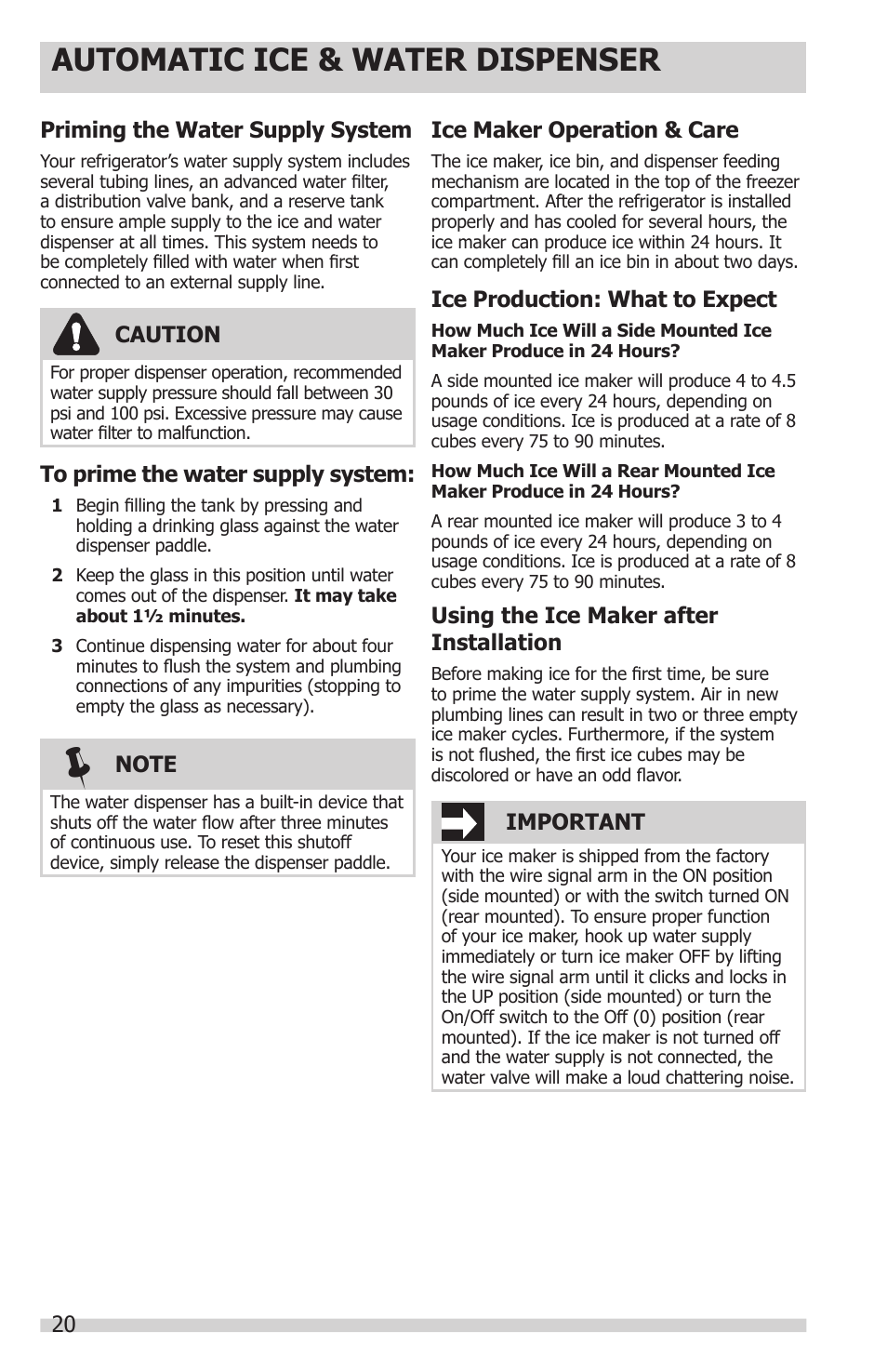 Automatic ice & water dispenser, Important, Priming the water supply system | Ice maker operation & care, Using the ice maker after installation, Caution, Ice production: what to expect | FRIGIDAIRE FFHS2622MS User Manual | Page 20 / 30