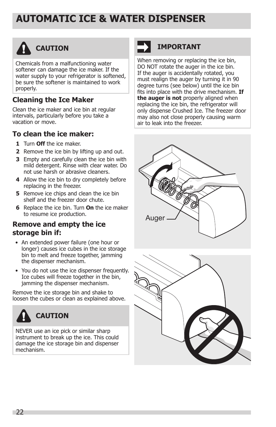 Automatic ice & water dispenser, Caution, Important | Cleaning the ice maker, Remove and empty the ice storage bin if, Auger | FRIGIDAIRE FFHS2622MS User Manual | Page 22 / 30