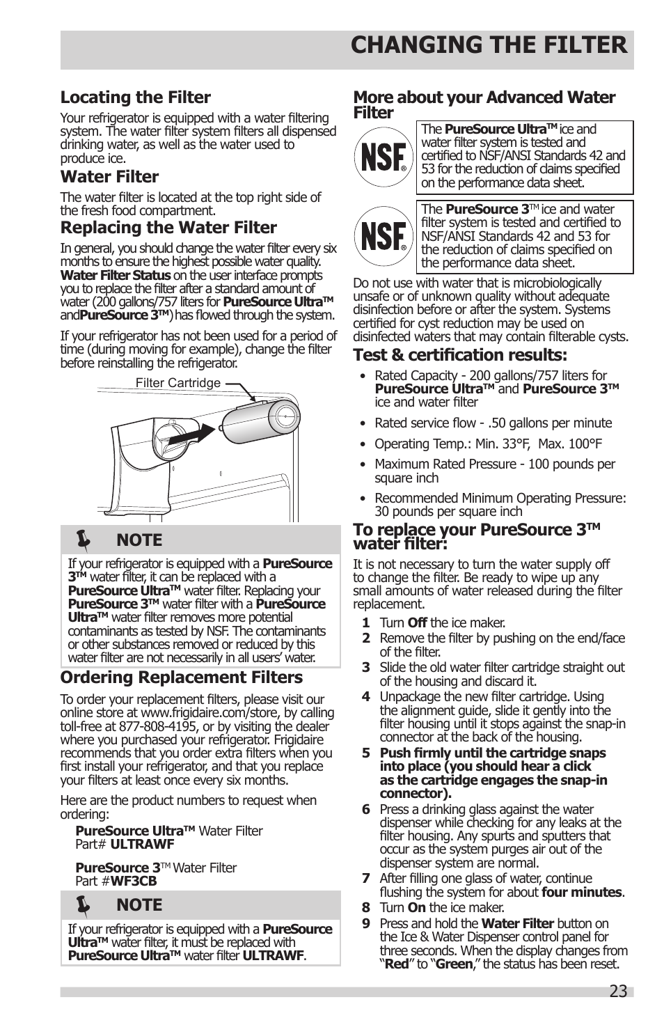 Changing the filter, 23 locating the filter, Water filter | Test & certification results, Ordering replacement filters, Replacing the water filter, More about your advanced water filter | FRIGIDAIRE FFHS2622MS User Manual | Page 23 / 30