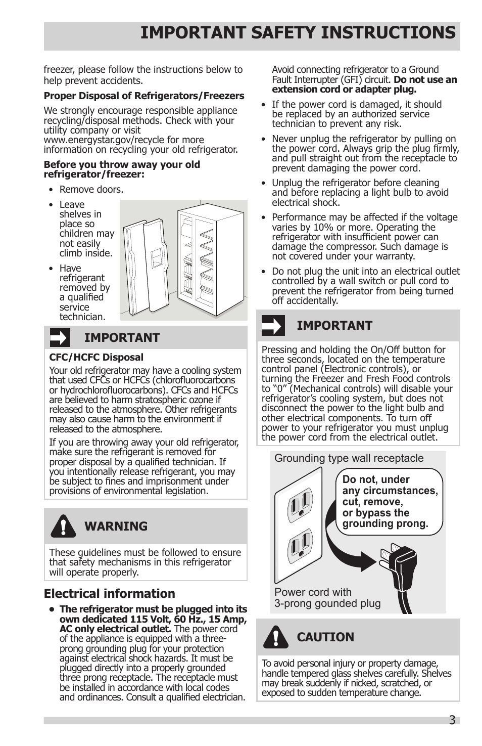 Important safety instructions, Electrical information, Warning | Important, Caution | FRIGIDAIRE FFHS2622MS User Manual | Page 3 / 30