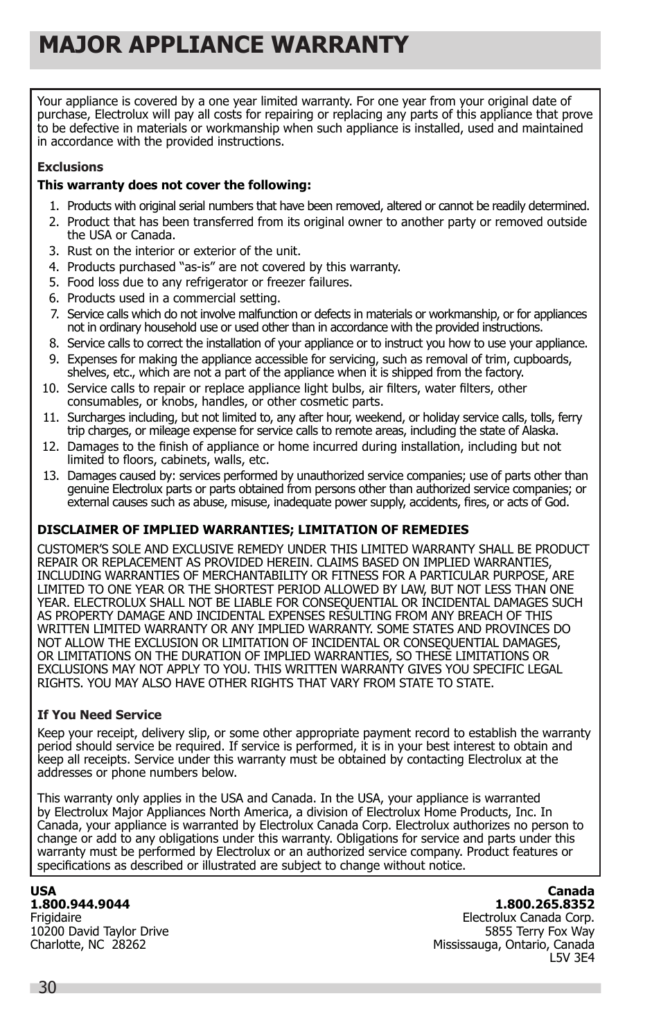 Major appliance warranty | FRIGIDAIRE FFHS2622MS User Manual | Page 30 / 30