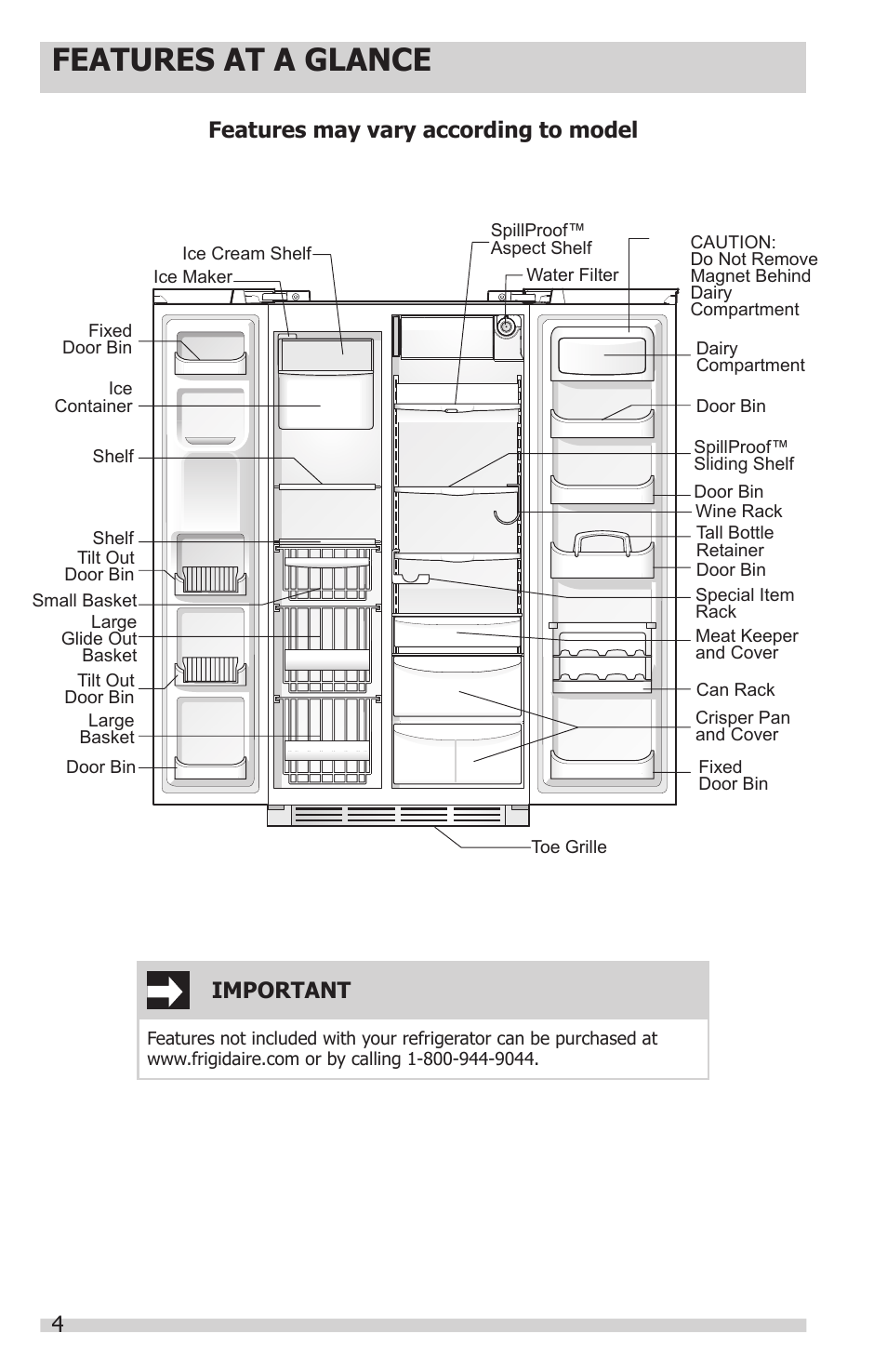 Features at a glance, Features may vary according to model, Important | FRIGIDAIRE FFHS2622MS User Manual | Page 4 / 30