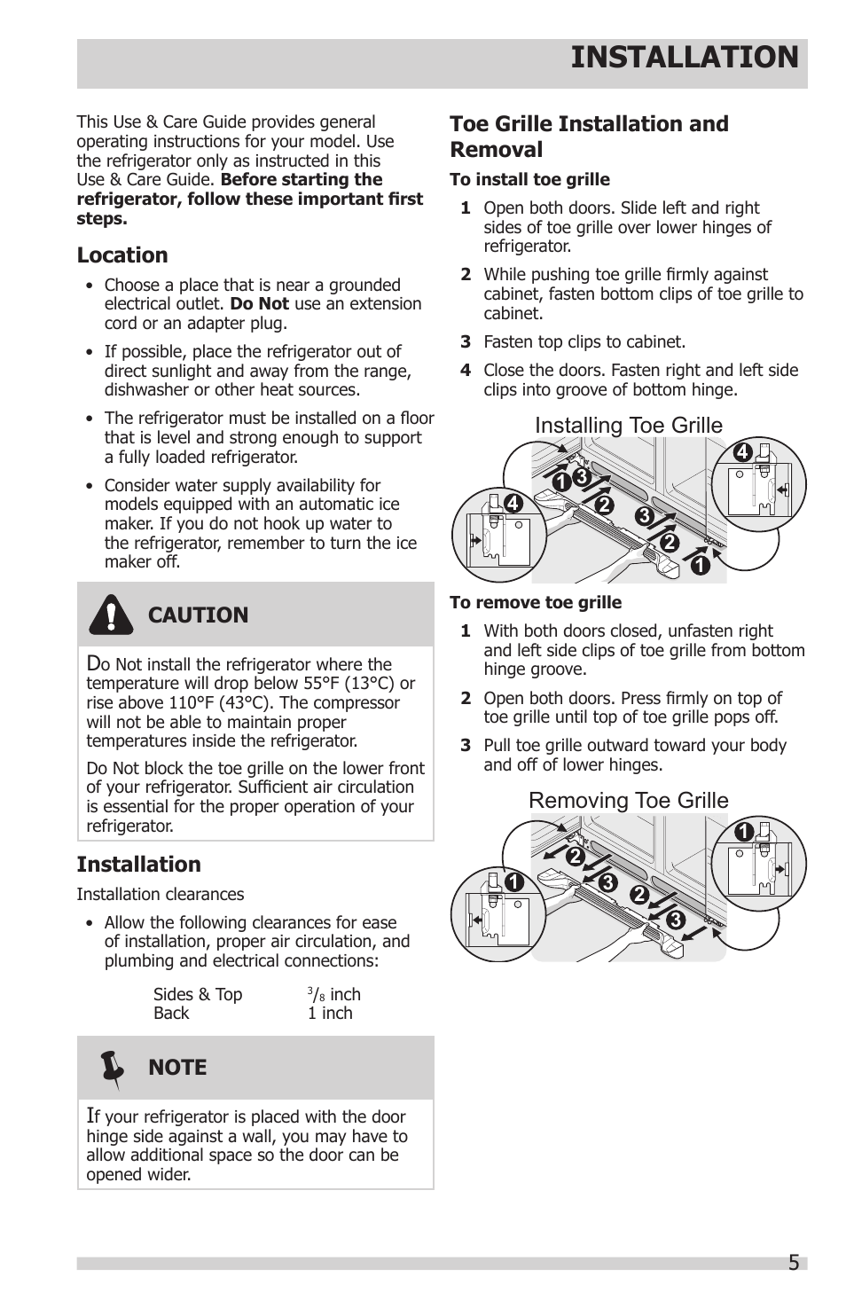 Installation, Installing toe grille, Removing toe grille | FRIGIDAIRE FFHS2622MS User Manual | Page 5 / 30