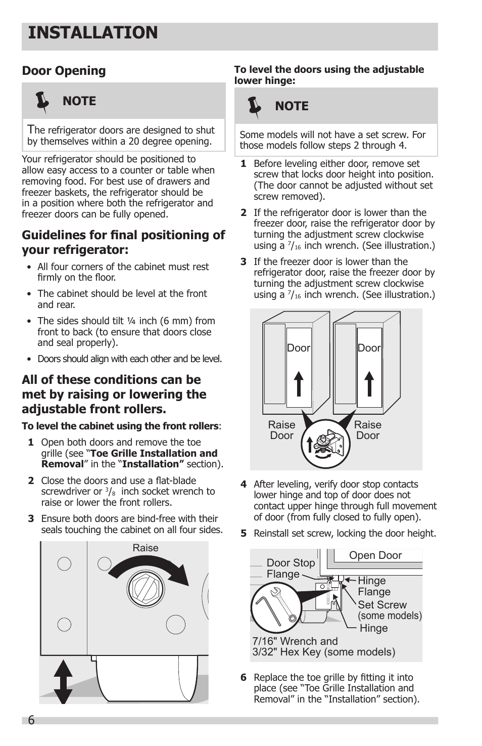 Installation, Door opening | FRIGIDAIRE FFHS2622MS User Manual | Page 6 / 30