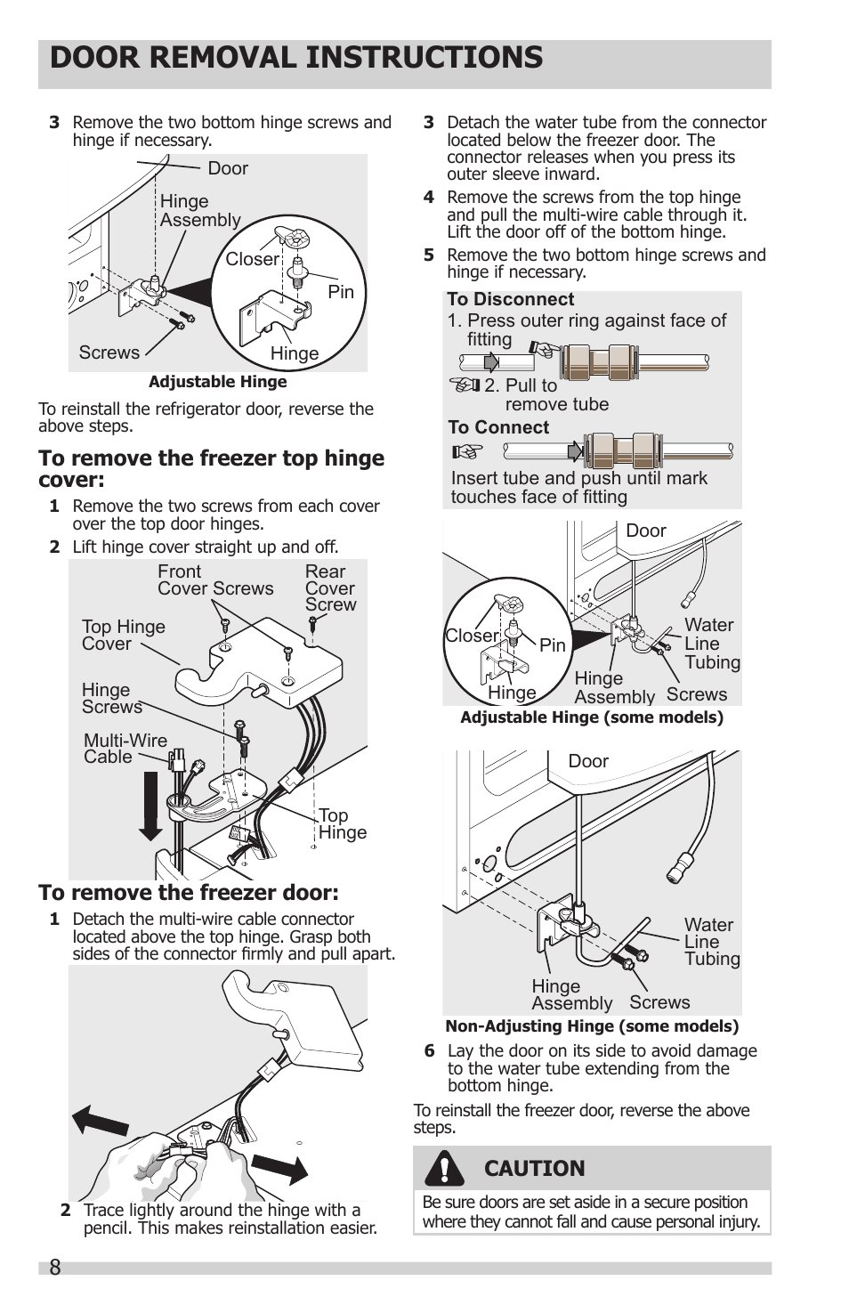 Door removal instructions, Caution | FRIGIDAIRE FFHS2622MS User Manual | Page 8 / 30
