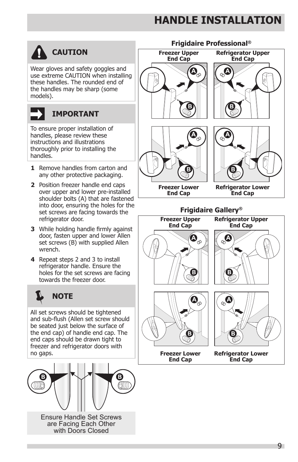 Handle installation, Important, Caution | FRIGIDAIRE FFHS2622MS User Manual | Page 9 / 30