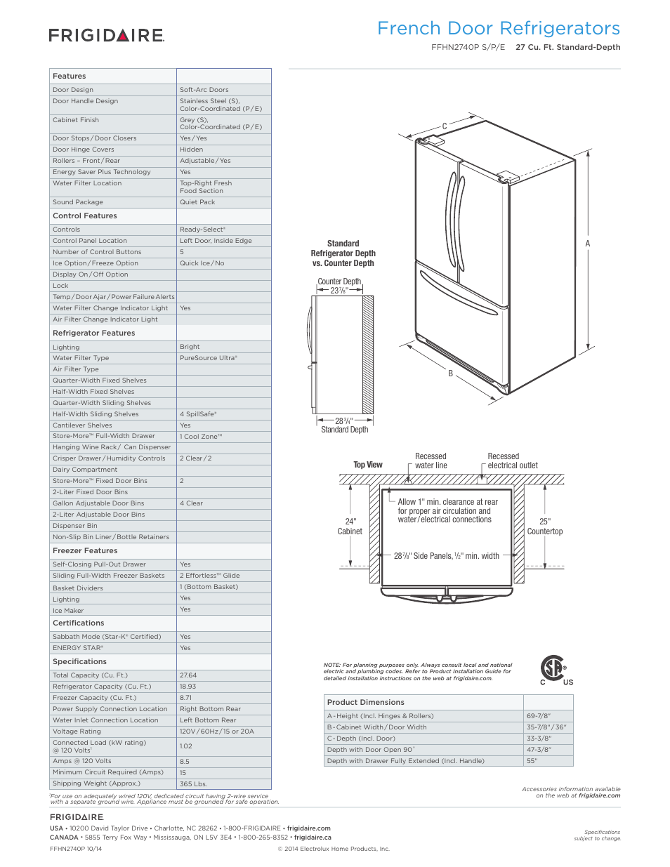 French door refrigerators | FRIGIDAIRE FFHN2740PS User Manual | Page 2 / 4