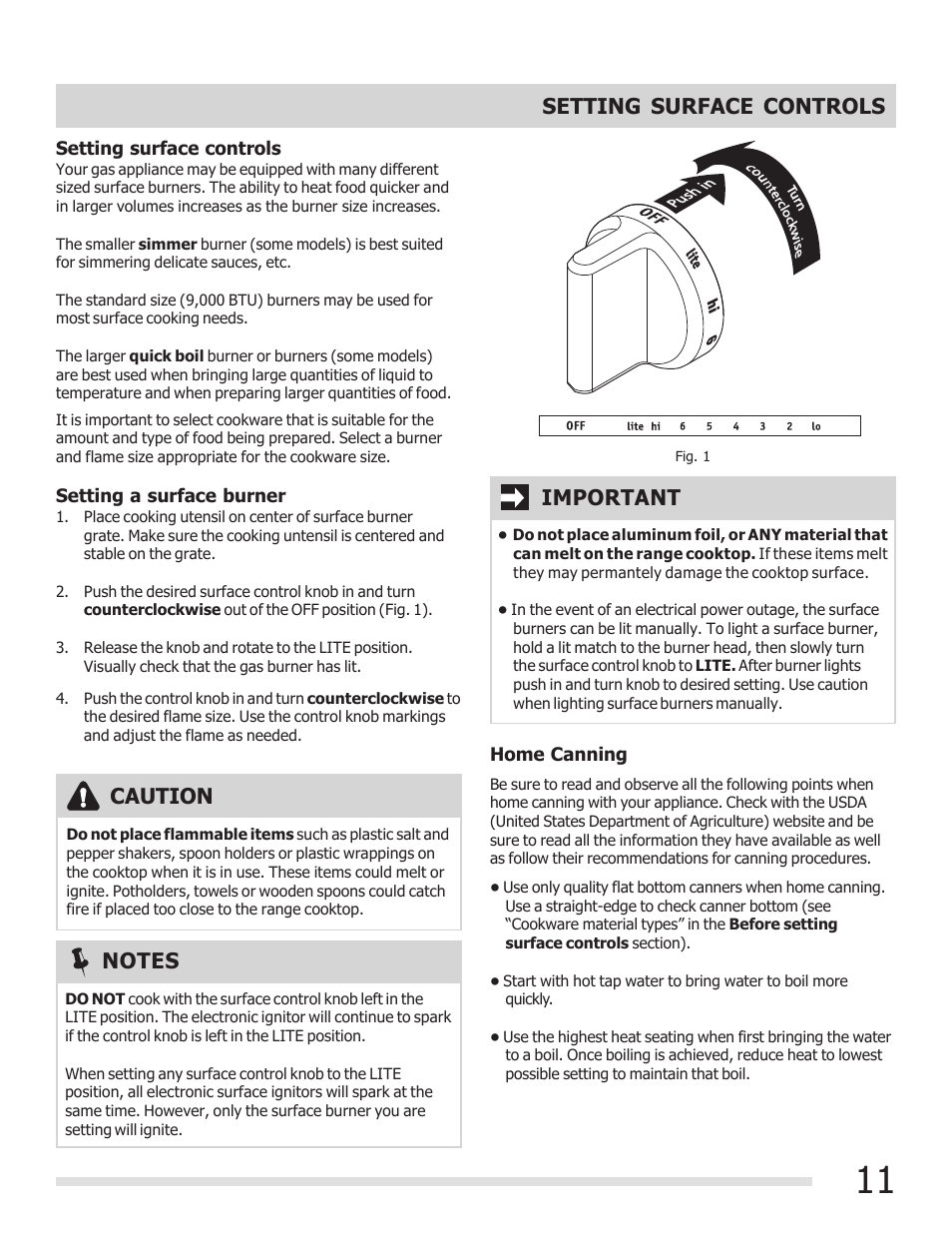 Setting surface controls, Important, Caution | FRIGIDAIRE FGGF3030PF User Manual | Page 11 / 28
