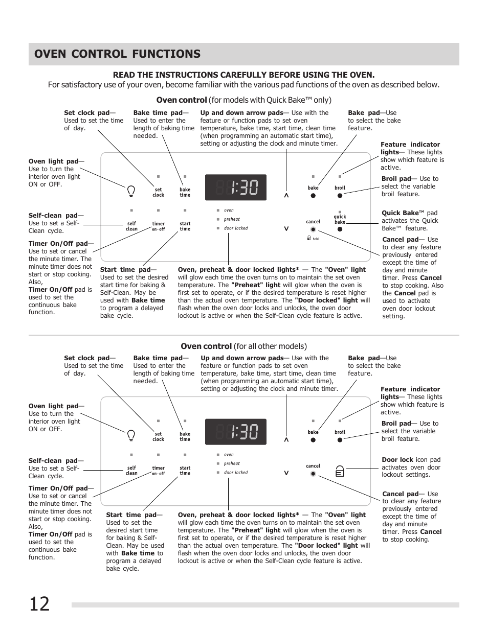 Oven control functions | FRIGIDAIRE FGGF3030PF User Manual | Page 12 / 28