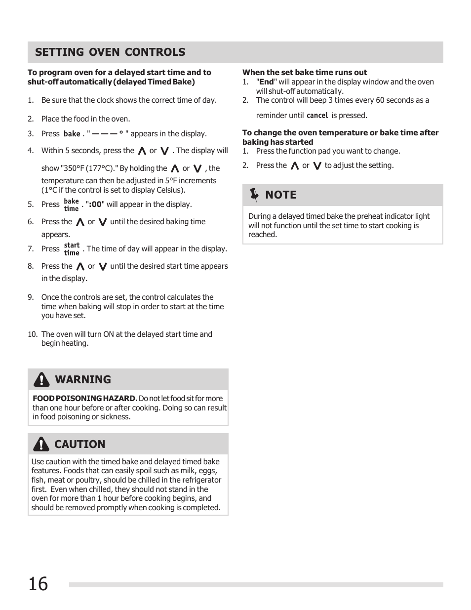 Setting oven controls, Warning | FRIGIDAIRE FGGF3030PF User Manual | Page 16 / 28