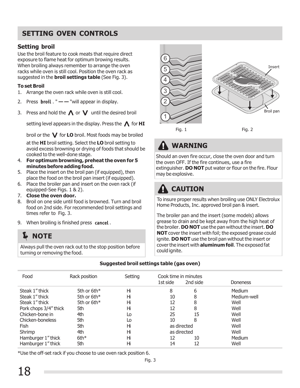 Setting oven controls, Caution, Warning | FRIGIDAIRE FGGF3030PF User Manual | Page 18 / 28