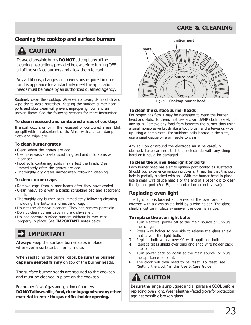 Care & cleaning, Caution, Important | FRIGIDAIRE FGGF3030PF User Manual | Page 23 / 28