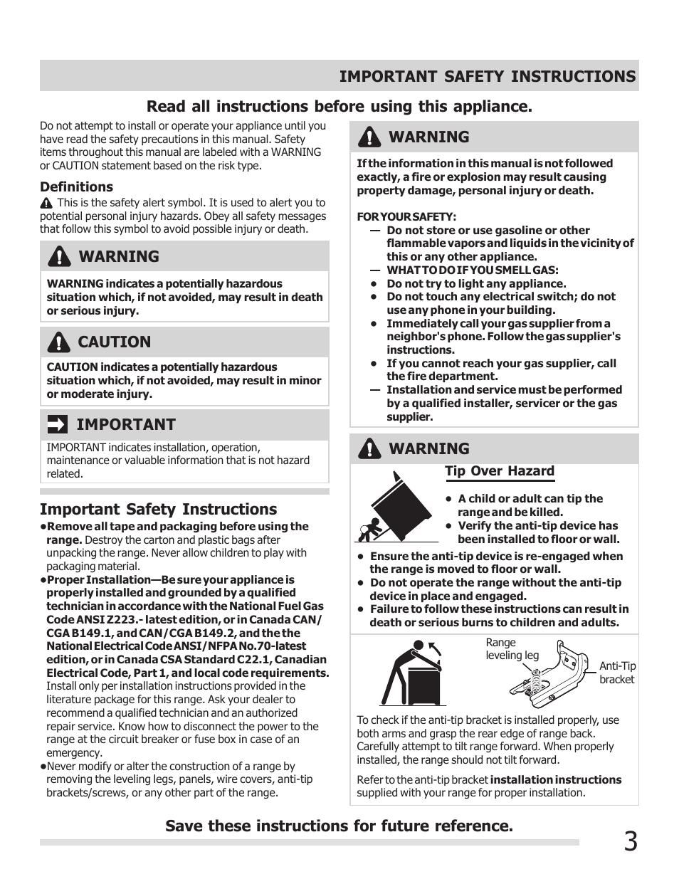 Read all instructions before using this appliance, Important safety instructions, Warning | Warning important, Caution | FRIGIDAIRE FGGF3030PF User Manual | Page 3 / 28