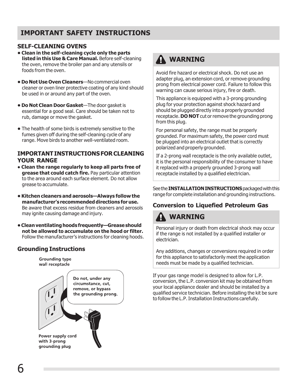 Important safety instructions, Warning | FRIGIDAIRE FGGF3030PF User Manual | Page 6 / 28