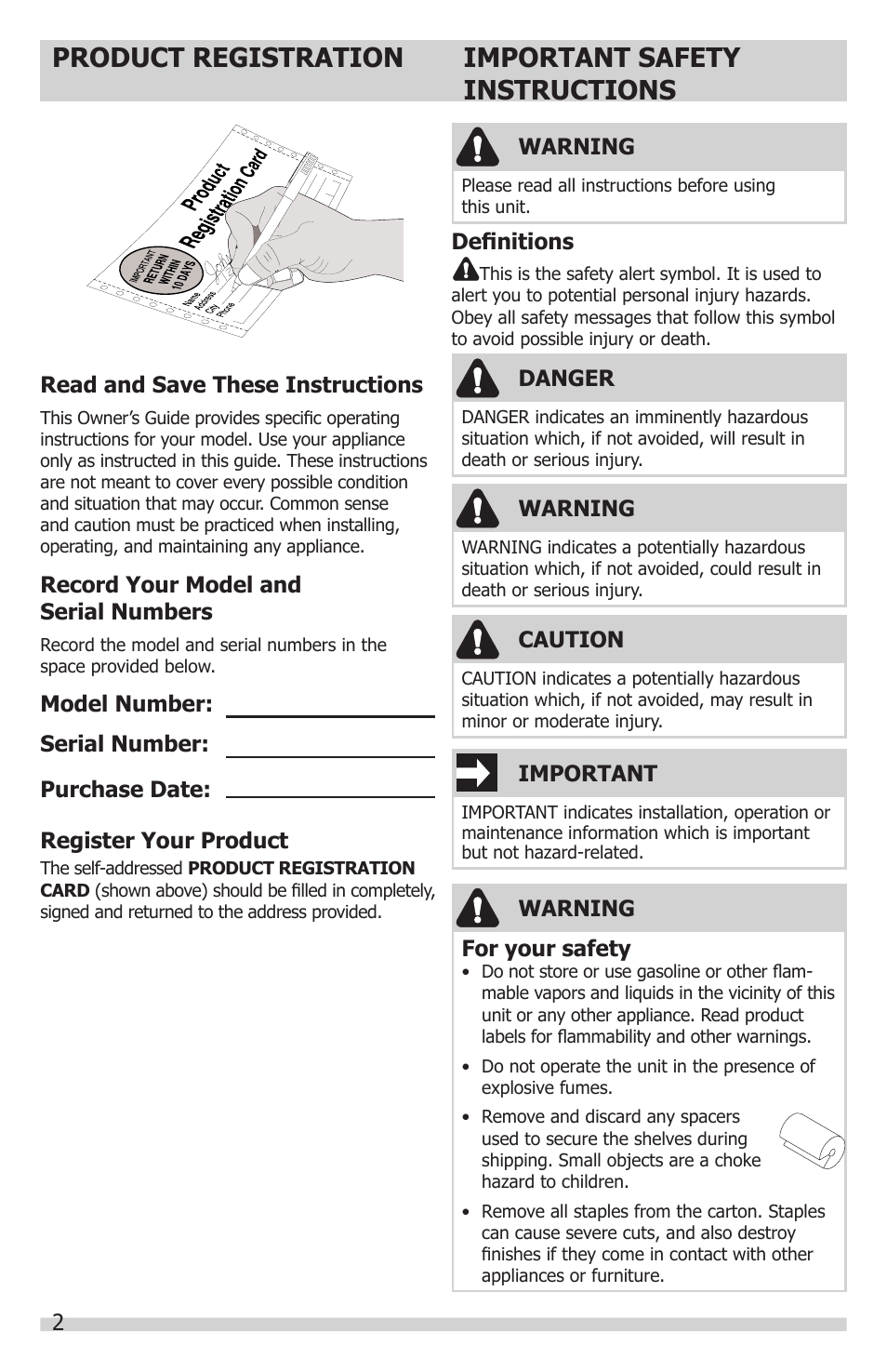 Product registration, Important safety instructions | FRIGIDAIRE FFFH21F6QW User Manual | Page 2 / 16