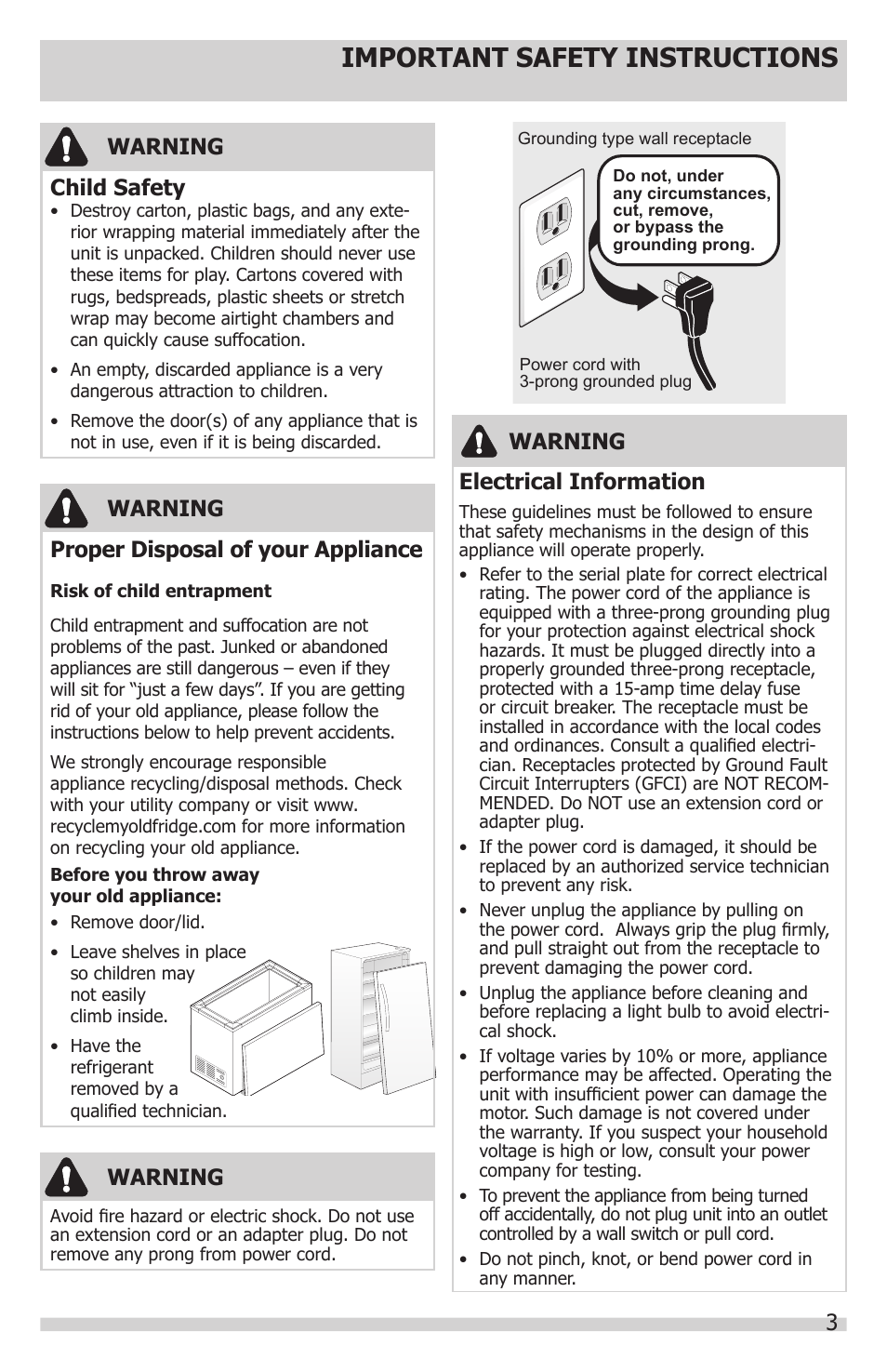 Important safety instructions, Warning child safety, Warning proper disposal of your appliance | Warning, Warning electrical information | FRIGIDAIRE FFFH21F6QW User Manual | Page 3 / 16