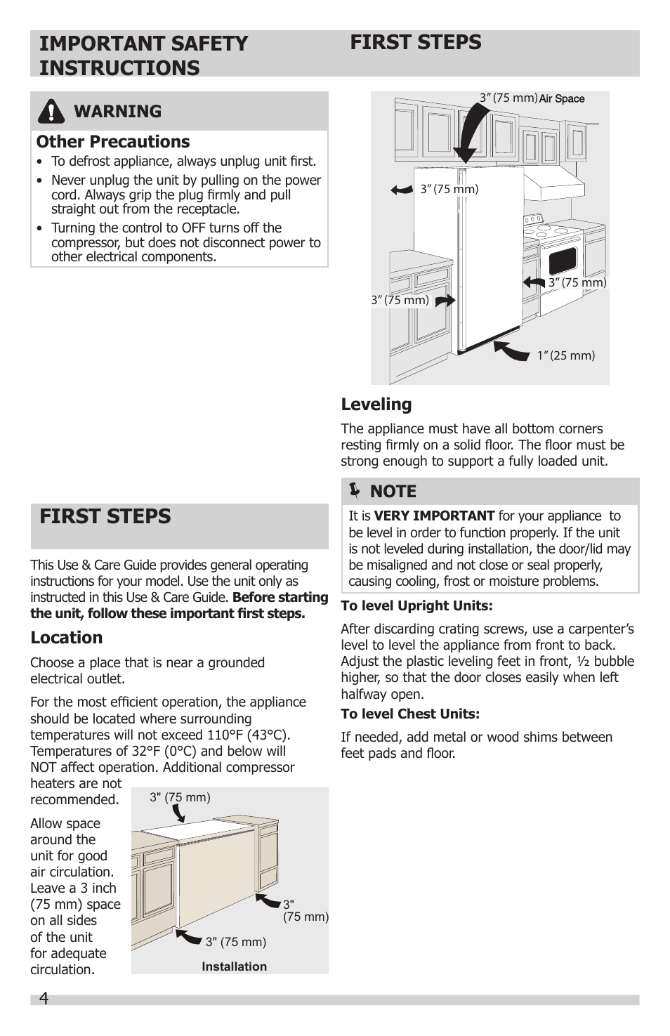Important safety instructions, First steps, Warning other precautions | Leveling, Location | FRIGIDAIRE FFFH21F6QW User Manual | Page 4 / 16