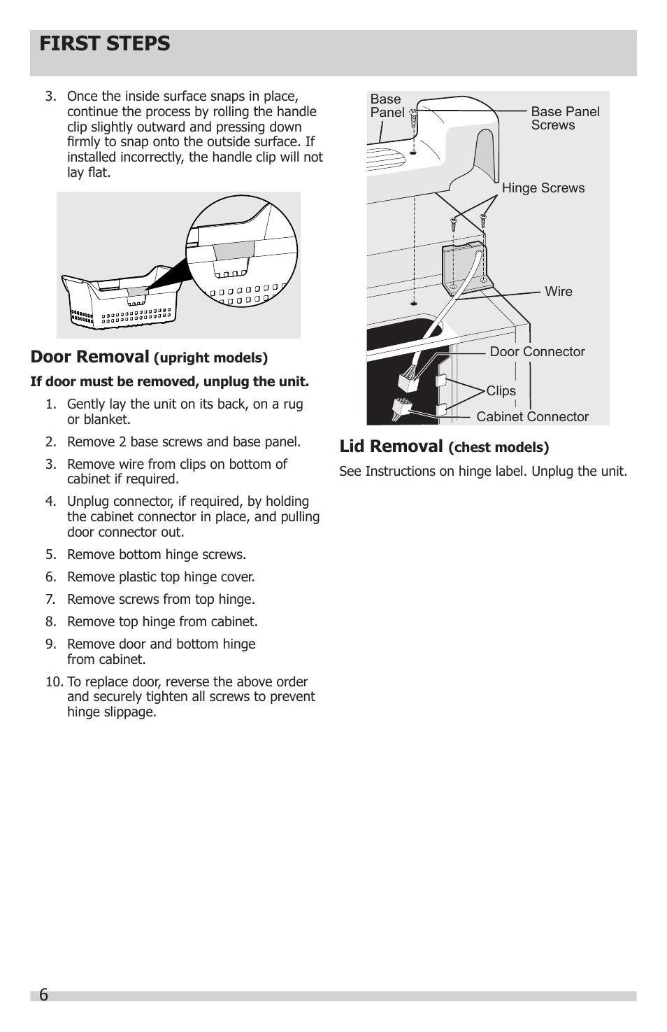 First steps, Lid removal, Door removal | FRIGIDAIRE FFFH21F6QW User Manual | Page 6 / 16