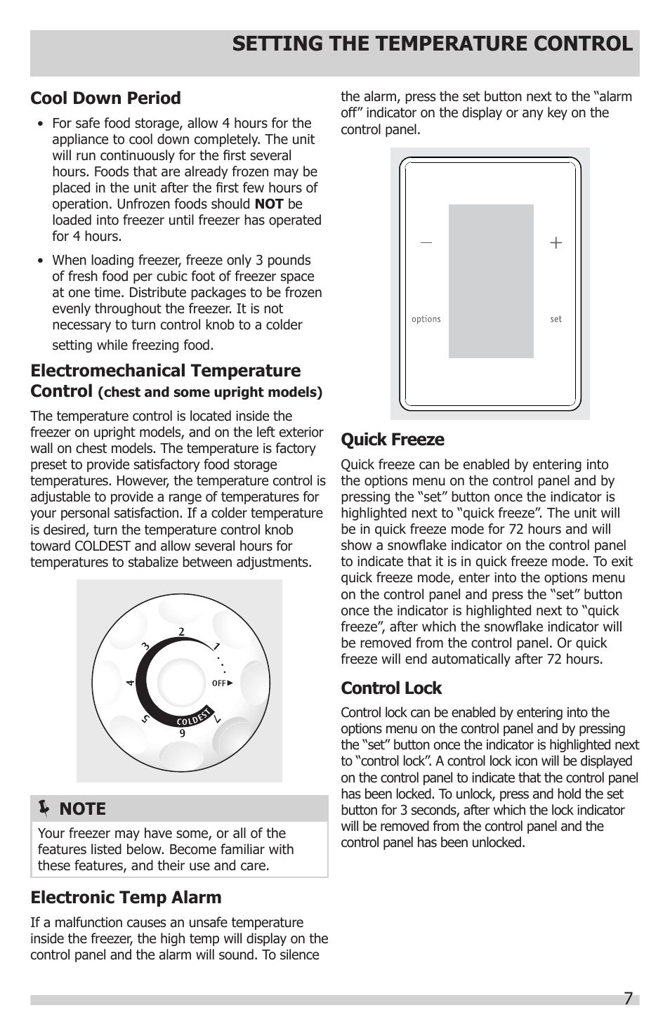 Setting the temperature control, Electronic temp alarm, Quick freeze | Control lock, Cool down period, Electromechanical temperature control | FRIGIDAIRE FFFH21F6QW User Manual | Page 7 / 16