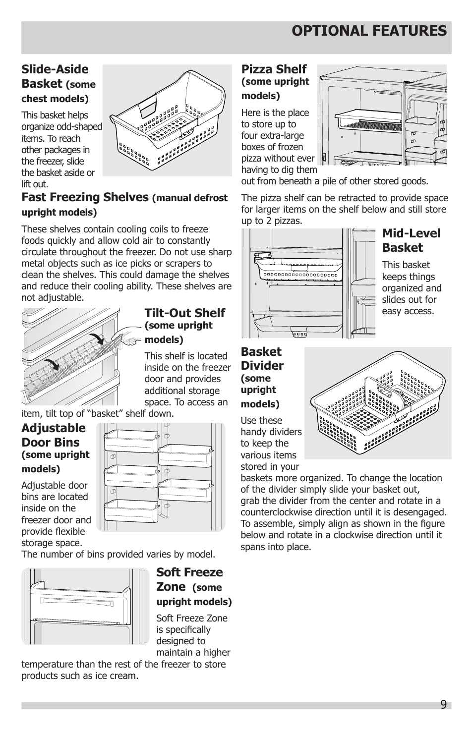 Optional features, 9soft freeze zone, Adjustable door bins | Pizza shelf, Mid-level basket, Slide-aside basket, Fast freezing shelves, Tilt-out shelf, Basket divider | FRIGIDAIRE FFFH21F6QW User Manual | Page 9 / 16