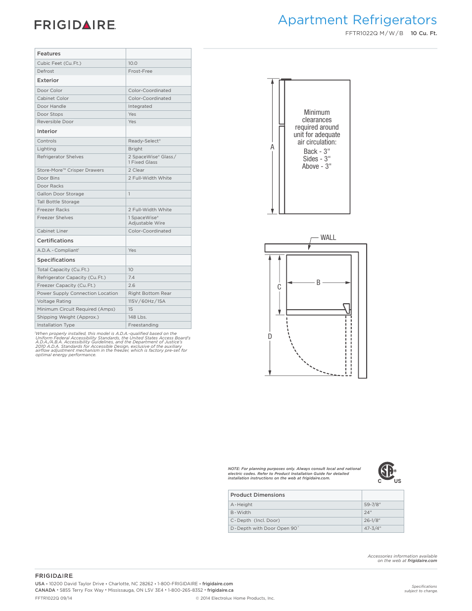 Apartment refrigerators | FRIGIDAIRE FFTR1022QW User Manual | Page 2 / 3
