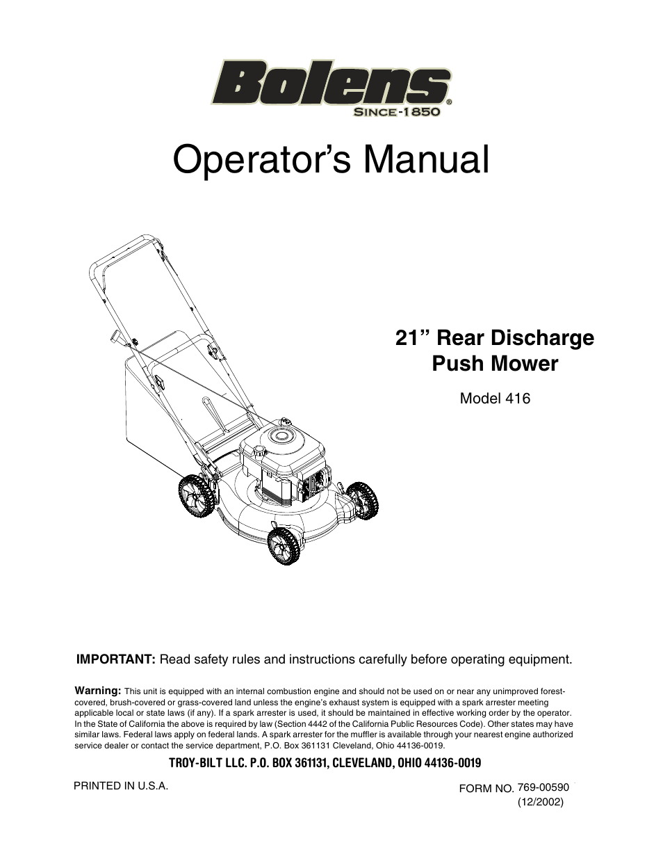 Bolens 416 User Manual | 18 pages