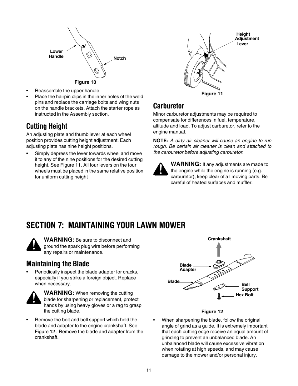 Cutting height, Carburetor, Maintaining the blade | Bolens 416 User Manual | Page 11 / 18