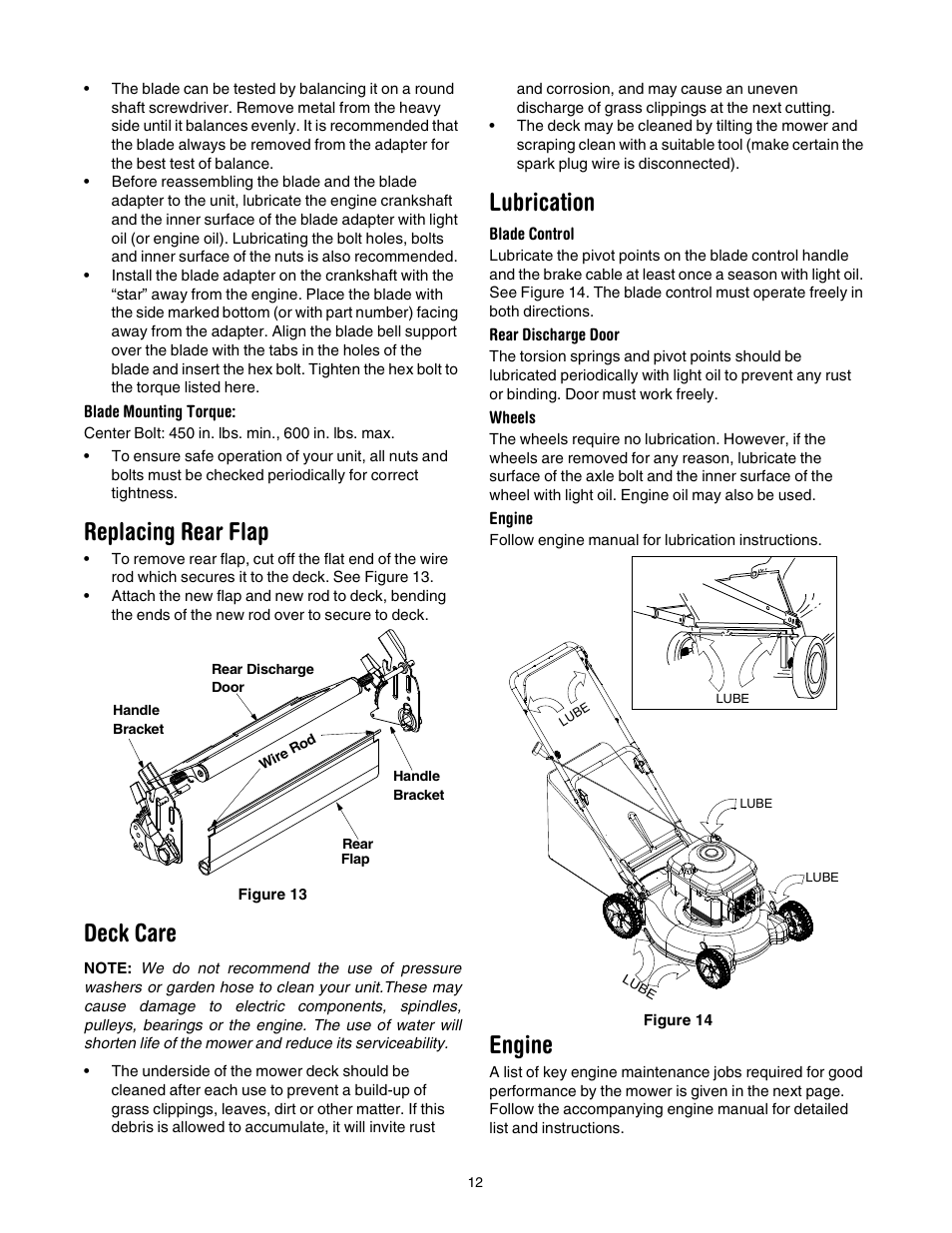 Replacing rear flap, Deck care, Lubrication | Engine | Bolens 416 User Manual | Page 12 / 18