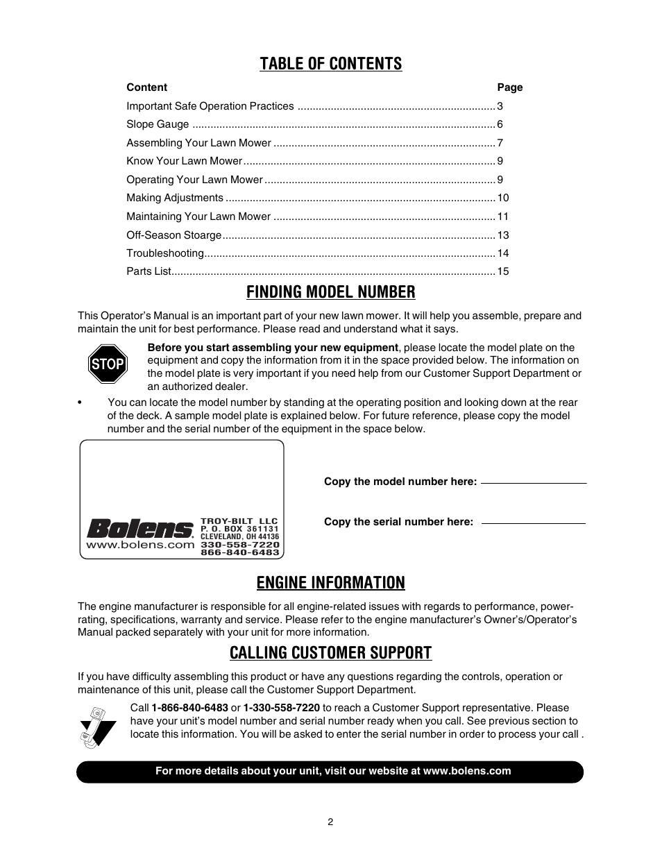 Bolens 416 User Manual | Page 2 / 18