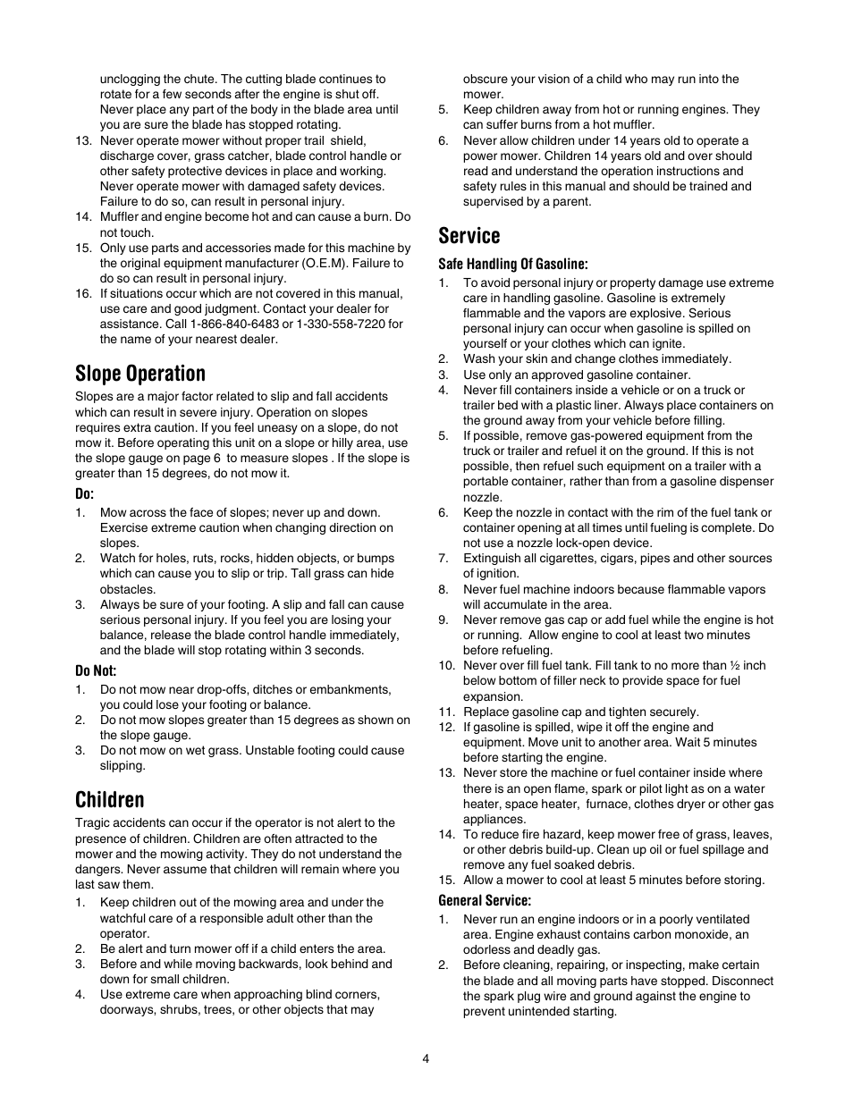 Slope operation, Children, Service | Bolens 416 User Manual | Page 4 / 18