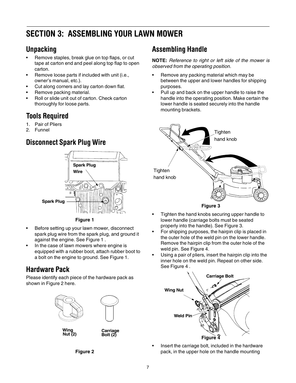 Unpacking, Tools required, Disconnect spark plug wire | Hardware pack, Assembling handle | Bolens 416 User Manual | Page 7 / 18