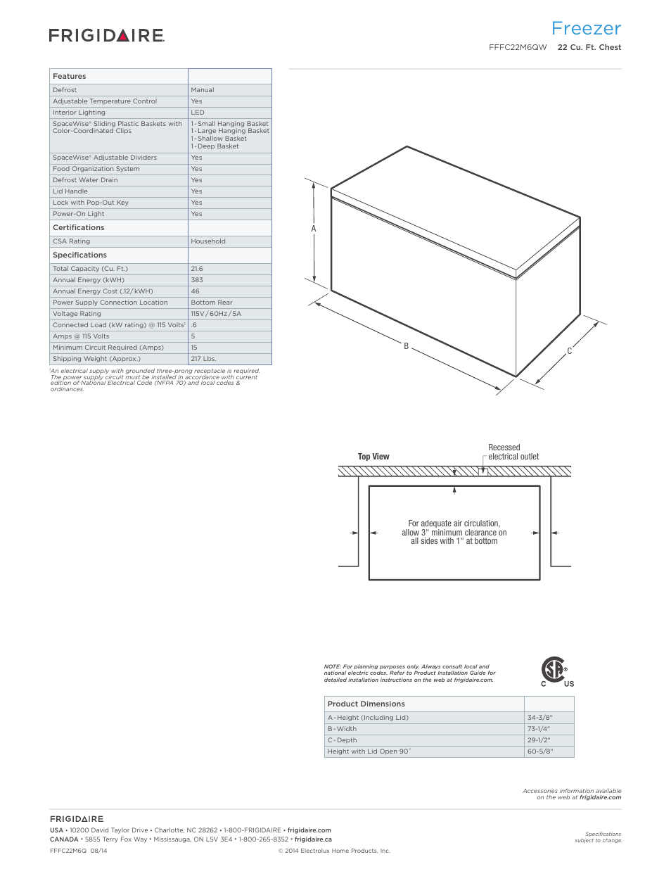 Chest freezers frigidaire baseline, Freezer | FRIGIDAIRE FFFC22M6QW User Manual | Page 2 / 3