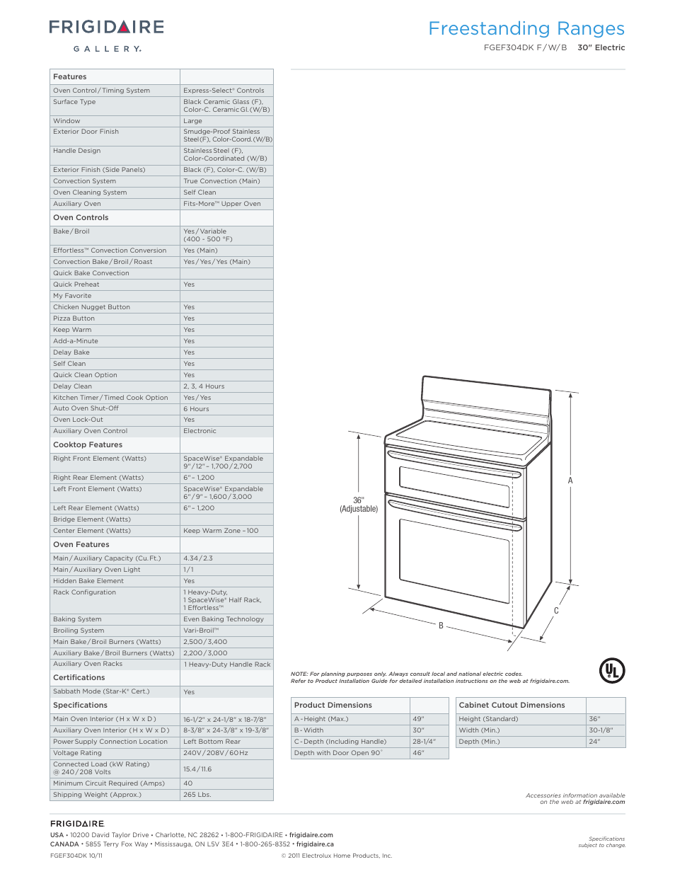Freestanding ranges | FRIGIDAIRE FGEF304DKW User Manual | Page 2 / 7
