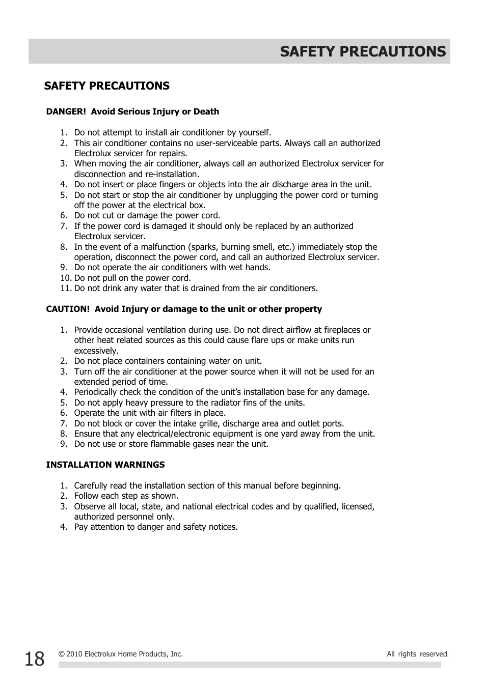 Safety precautions | FRIGIDAIRE FRP77ETT3R User Manual | Page 18 / 20