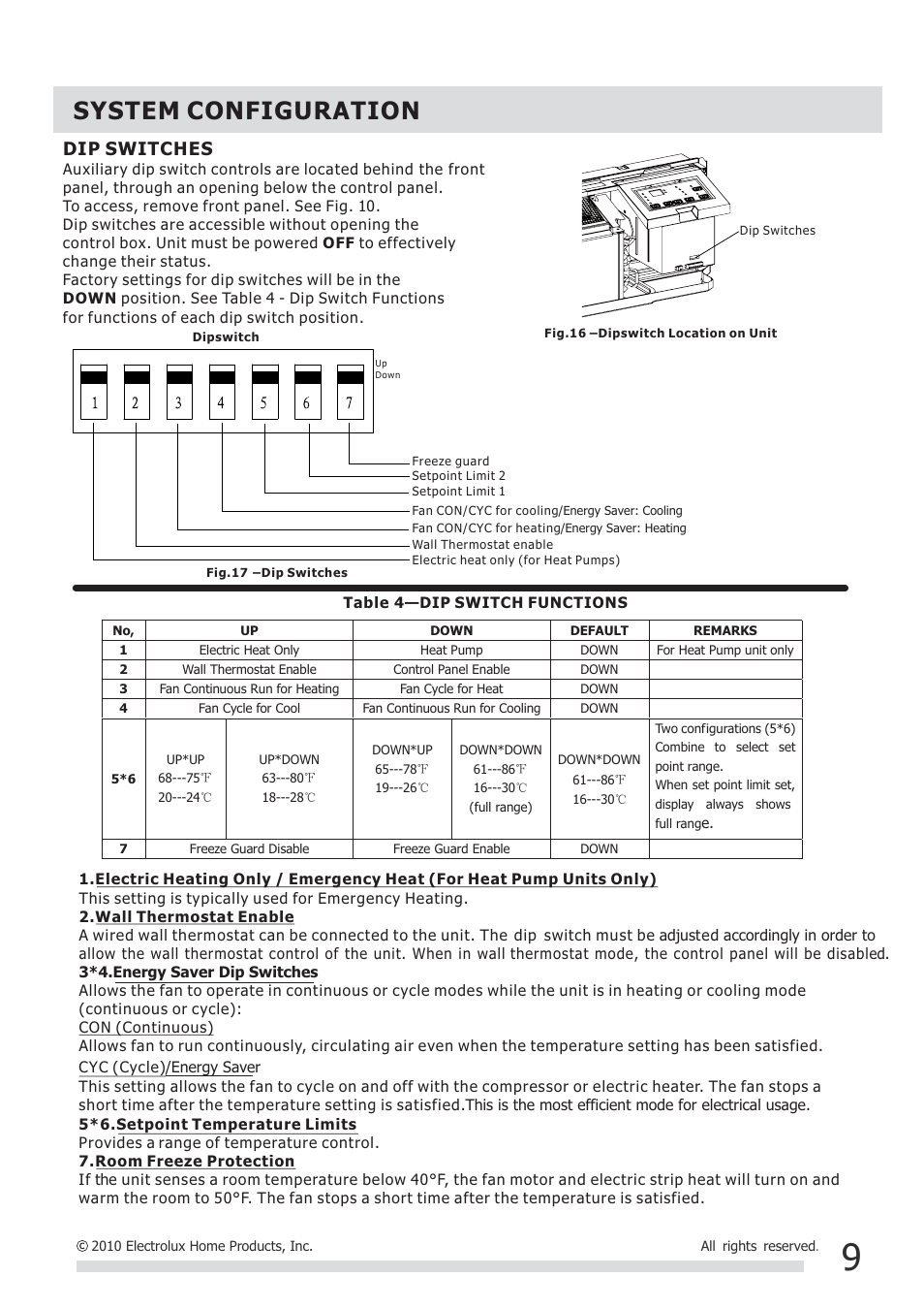 System configuration, Dip switches | FRIGIDAIRE FRP77ETT3R User Manual | Page 9 / 20