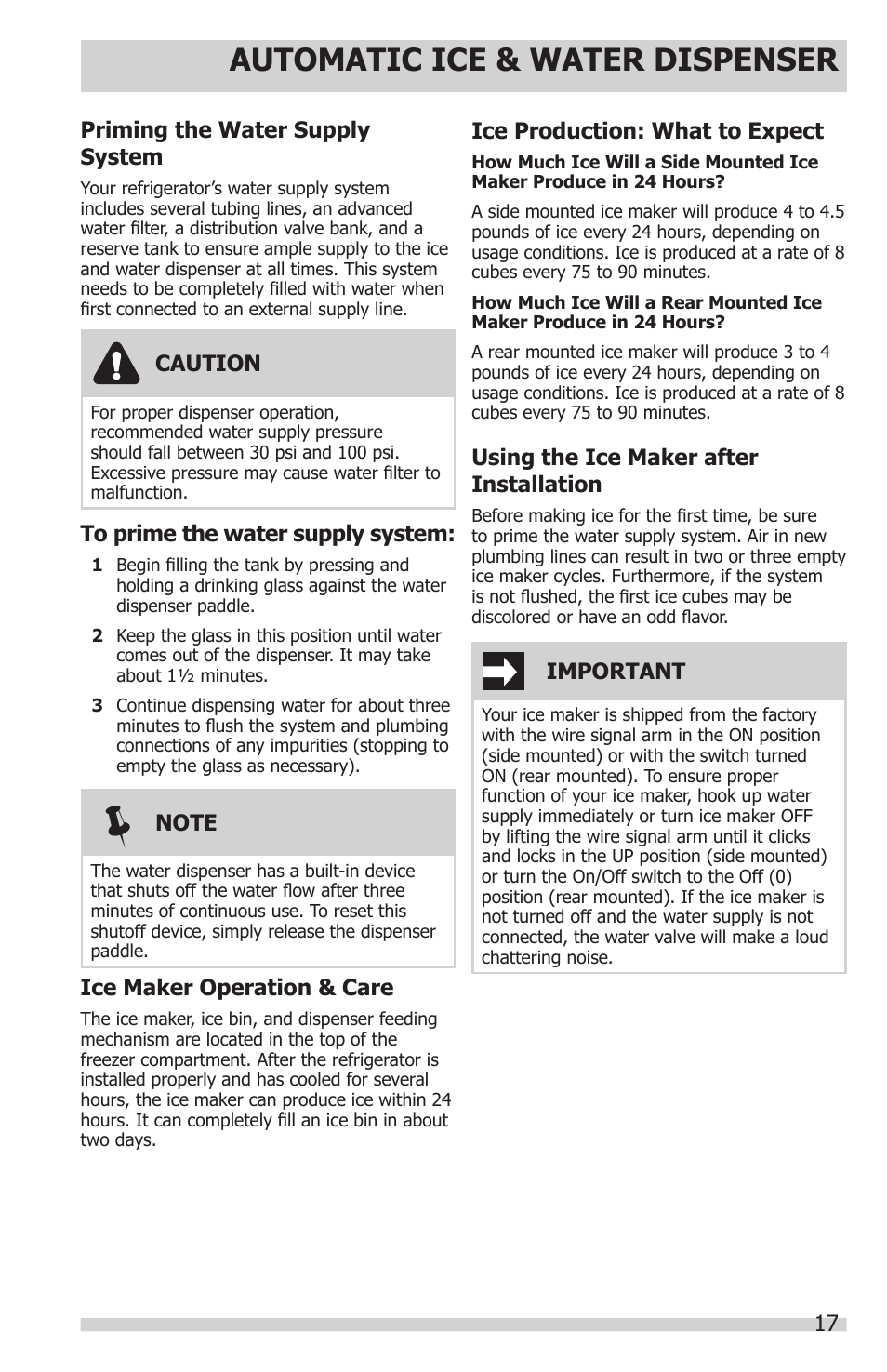 Automatic ice & water dispenser, Important, Priming the water supply system | Ice maker operation & care, Using the ice maker after installation, Caution, Ice production: what to expect | FRIGIDAIRE FGUS2647LF User Manual | Page 17 / 28