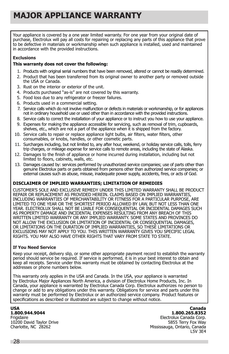 Major appliance warranty | FRIGIDAIRE FGUS2647LF User Manual | Page 28 / 28