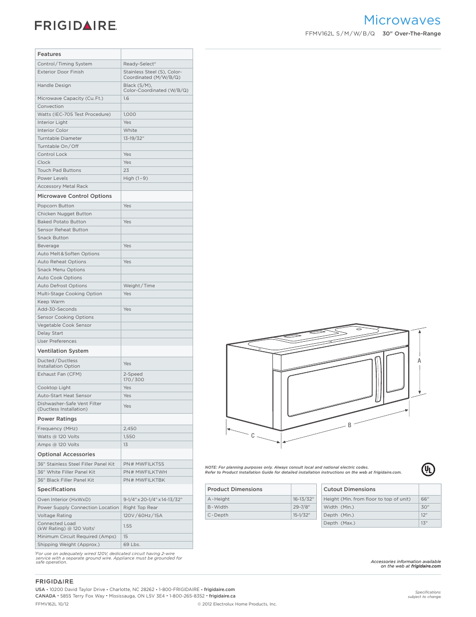 Over-the-range microwave oven frigidaire baseline, Microwaves | FRIGIDAIRE FFMV162LM User Manual | Page 2 / 7