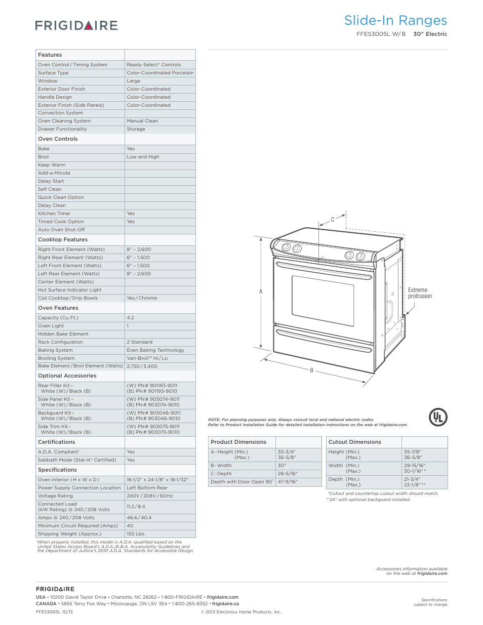 Slide-in electric ranges frigidaire baseline, Slide-in ranges | FRIGIDAIRE FFES3005LW User Manual | Page 2 / 7