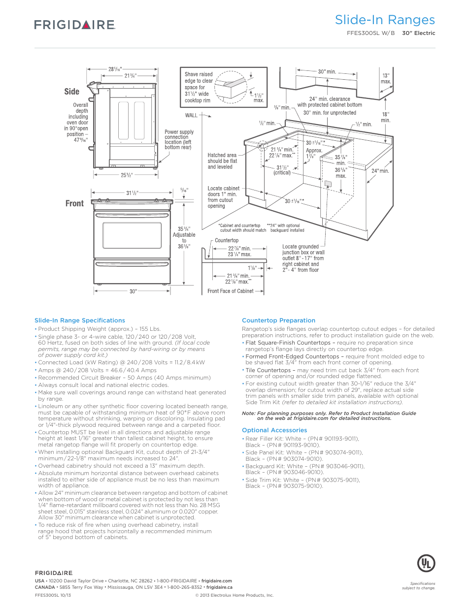 30" electric slide-in range frigidaire baseline, Slide-in ranges | FRIGIDAIRE FFES3005LW User Manual | Page 3 / 7